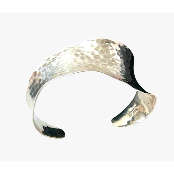Hammered 925 Silver Bracelet Wave Bone Cuff Raised Wrist Mexico Modernist Boho - Picture 4 of 12